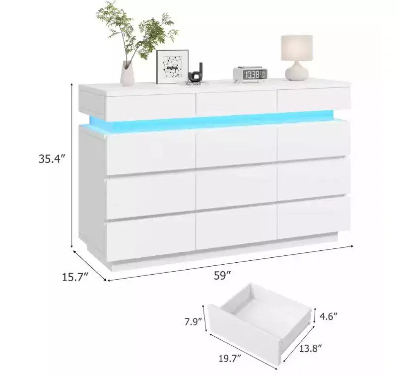 Commode en bois de 59 po avec 12 tiroirs – commode moderne pour chambre à coucher, salon, couloir et entrée
