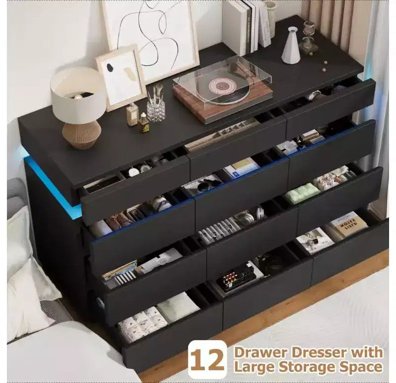 Commode en bois de 59 po avec 12 tiroirs – commode moderne pour chambre à coucher, salon, couloir et entrée