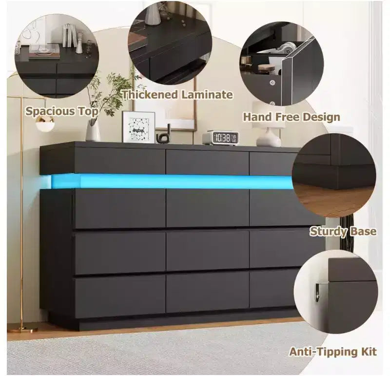 Commode en bois de 59 po avec 12 tiroirs – commode moderne pour chambre à coucher, salon, couloir et entrée