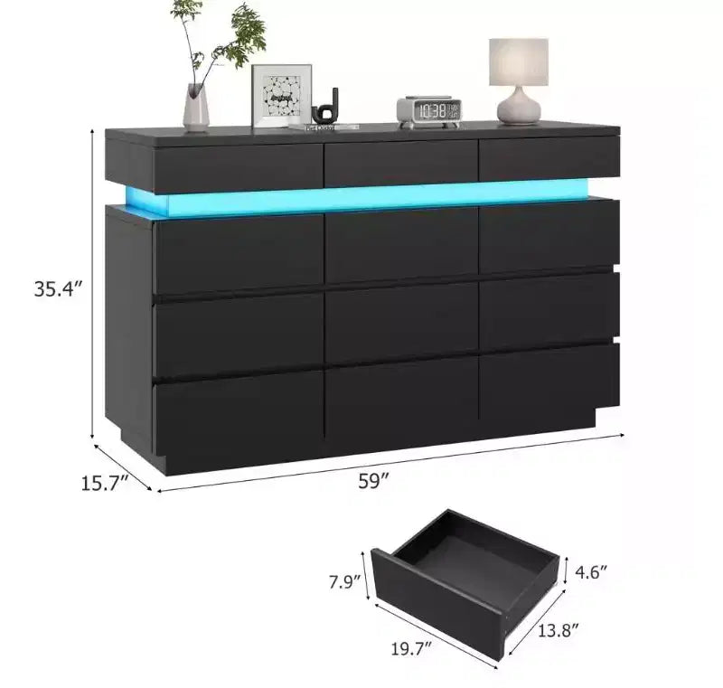 Commode en bois de 59 po avec 12 tiroirs – commode moderne pour chambre à coucher, salon, couloir et entrée