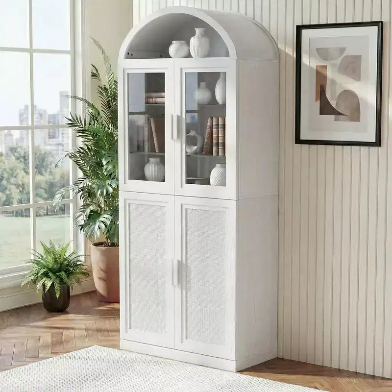 Vitrine arquée meuble de rangement autonome avec portes en verre et en rotin étagères réglables pour salon bureau cuisine salle à manger