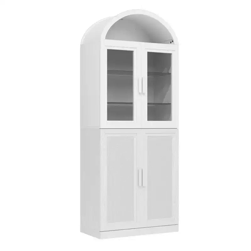 Vitrine arquée meuble de rangement autonome avec portes en verre et en rotin étagères réglables pour salon bureau cuisine salle à manger