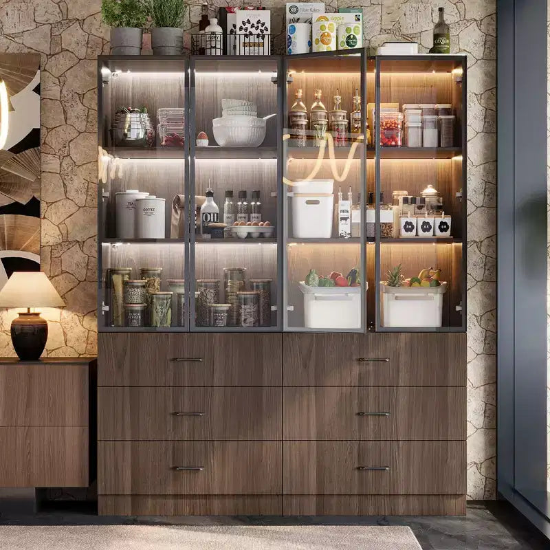 Armoire de Rangement de Cuisine Famapy avec Étagère Réglable, Vaisselier de Cuisine 3 Lumières, Meuble Haut de Cuisine avec Porte Vitrée, Organiseur Grain de Bois Foncé pour Cuisine et Bar