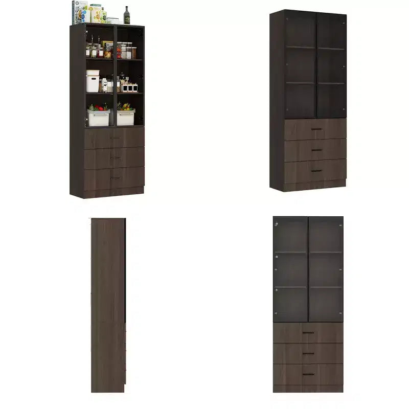 Armoire de Rangement de Cuisine Famapy avec Étagère Réglable, Vaisselier de Cuisine 3 Lumières, Meuble Haut de Cuisine avec Porte Vitrée, Organiseur Grain de Bois Foncé pour Cuisine et Bar