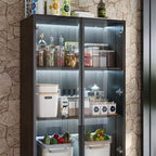 Armoire de Rangement de Cuisine Famapy avec Étagère Réglable, Vaisselier de Cuisine 3 Lumières, Meuble Haut de Cuisine avec Porte Vitrée, Organiseur Grain de Bois Foncé pour Cuisine et Bar