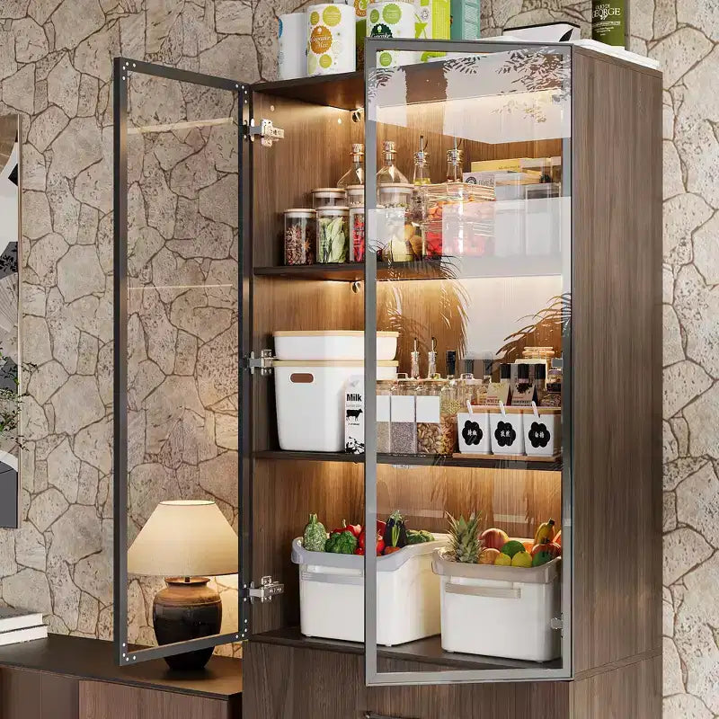 Armoire de Rangement de Cuisine Famapy avec Étagère Réglable, Vaisselier de Cuisine 3 Lumières, Meuble Haut de Cuisine avec Porte Vitrée, Organiseur Grain de Bois Foncé pour Cuisine et Bar