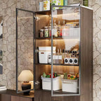 Armoire de Rangement de Cuisine Famapy avec Étagère Réglable, Vaisselier de Cuisine 3 Lumières, Meuble Haut de Cuisine avec Porte Vitrée, Organiseur Grain de Bois Foncé pour Cuisine et Bar