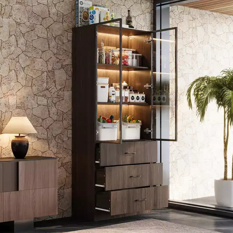Armoire de Rangement de Cuisine Famapy avec Étagère Réglable, Vaisselier de Cuisine 3 Lumières, Meuble Haut de Cuisine avec Porte Vitrée, Organiseur Grain de Bois Foncé pour Cuisine et Bar