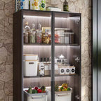 Armoire de Rangement de Cuisine Famapy avec Étagère Réglable, Vaisselier de Cuisine 3 Lumières, Meuble Haut de Cuisine avec Porte Vitrée, Organiseur Grain de Bois Foncé pour Cuisine et Bar