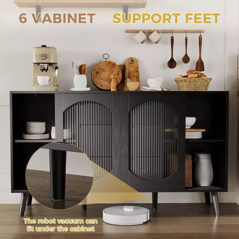 Buffet noir contemporain – Grand bahut de rangement avec portes coulissantes en verre cannelé et tiroirs – Idéal pour la cuisine, la salle à manger ou le salon