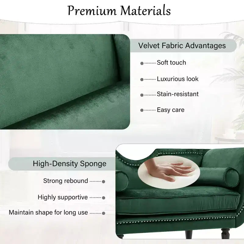 Banc en Velours Whisen 134,6 cm avec Accoudoirs Roulés, Accents de Rivets, Siège Rembourré Minimaliste de Pied de Lit, 2 Coussins, Rembourrage en Mousse Haute Densité