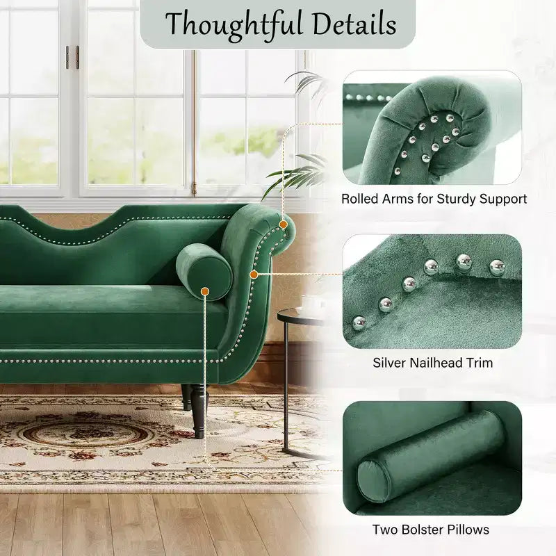 Banc en Velours Whisen 134,6 cm avec Accoudoirs Roulés, Accents de Rivets, Siège Rembourré Minimaliste de Pied de Lit, 2 Coussins, Rembourrage en Mousse Haute Densité