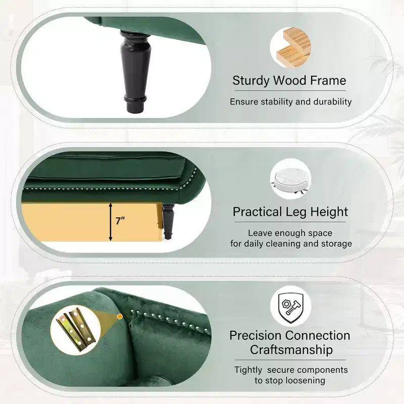 Banc en Velours Whisen 134,6 cm avec Accoudoirs Roulés, Accents de Rivets, Siège Rembourré Minimaliste de Pied de Lit, 2 Coussins, Rembourrage en Mousse Haute Densité