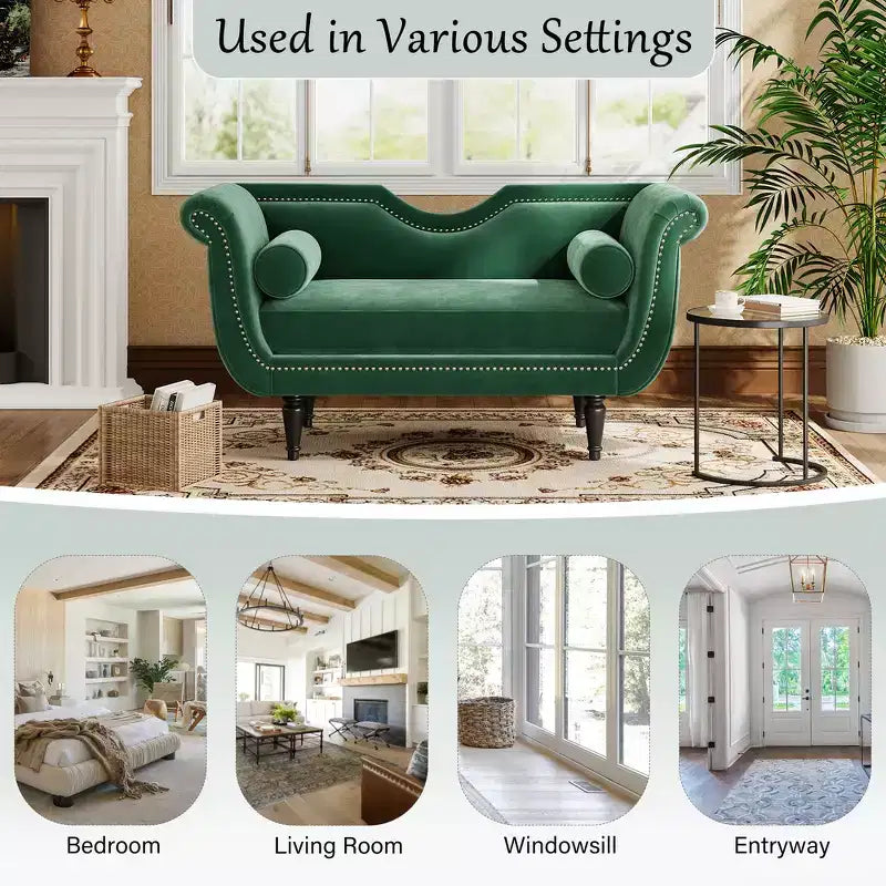 Banc en Velours Whisen 134,6 cm avec Accoudoirs Roulés, Accents de Rivets, Siège Rembourré Minimaliste de Pied de Lit, 2 Coussins, Rembourrage en Mousse Haute Densité