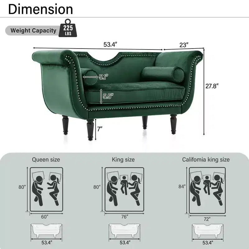 Banc en Velours Whisen 134,6 cm avec Accoudoirs Roulés, Accents de Rivets, Siège Rembourré Minimaliste de Pied de Lit, 2 Coussins, Rembourrage en Mousse Haute Densité
