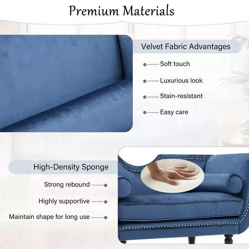 Banc en Velours Whisen 134,6 cm avec Accoudoirs Roulés, Accents de Rivets, Siège Rembourré Minimaliste de Pied de Lit, 2 Coussins, Rembourrage en Mousse Haute Densité