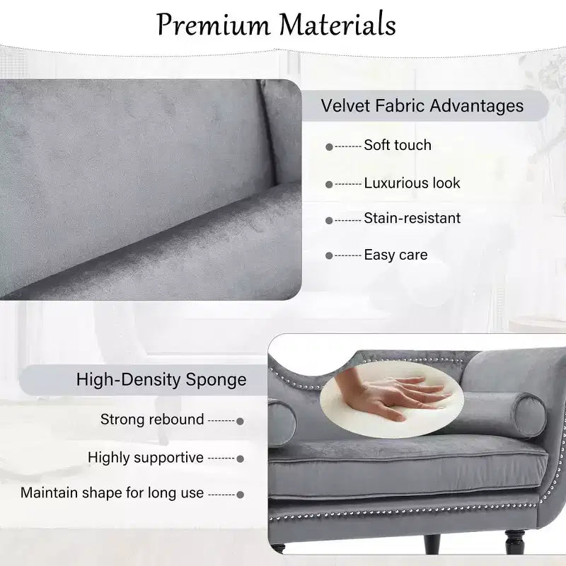 Banc en Velours Whisen 134,6 cm avec Accoudoirs Roulés, Accents de Rivets, Siège Rembourré Minimaliste de Pied de Lit, 2 Coussins, Rembourrage en Mousse Haute Densité