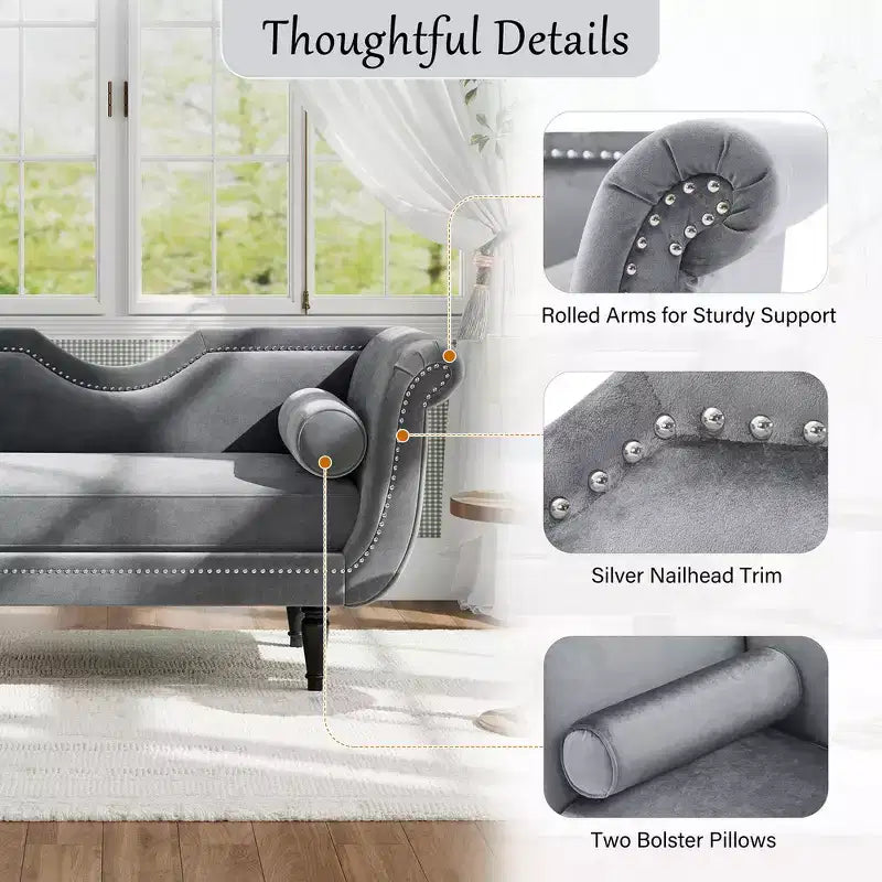 Banc en Velours Whisen 134,6 cm avec Accoudoirs Roulés, Accents de Rivets, Siège Rembourré Minimaliste de Pied de Lit, 2 Coussins, Rembourrage en Mousse Haute Densité