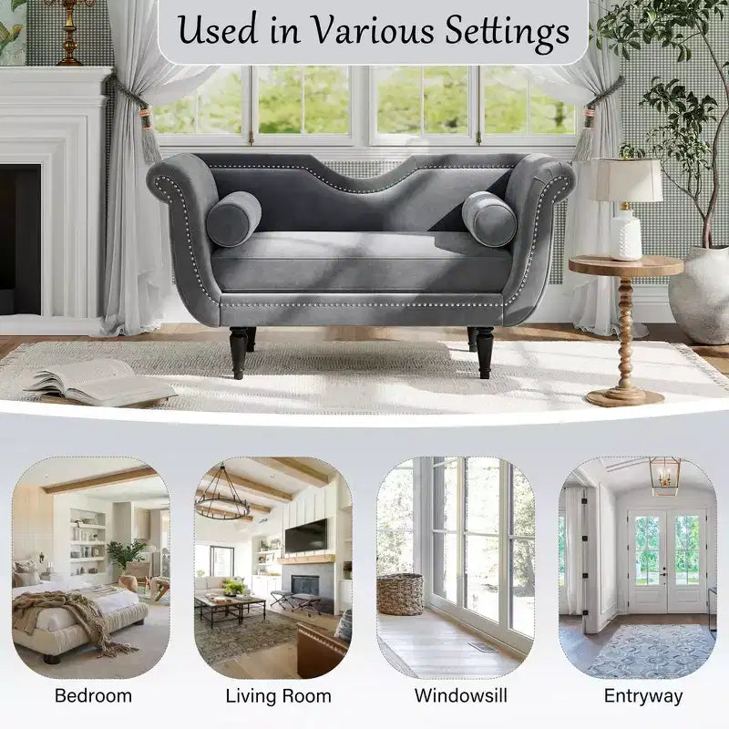 Banc en Velours Whisen 134,6 cm avec Accoudoirs Roulés, Accents de Rivets, Siège Rembourré Minimaliste de Pied de Lit, 2 Coussins, Rembourrage en Mousse Haute Densité