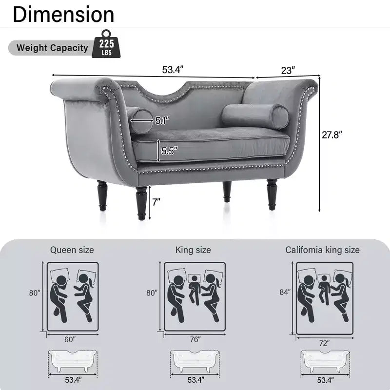 Banc en Velours Whisen 134,6 cm avec Accoudoirs Roulés, Accents de Rivets, Siège Rembourré Minimaliste de Pied de Lit, 2 Coussins, Rembourrage en Mousse Haute Densité