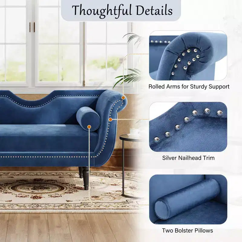 Banc en Velours Whisen 134,6 cm avec Accoudoirs Roulés, Accents de Rivets, Siège Rembourré Minimaliste de Pied de Lit, 2 Coussins, Rembourrage en Mousse Haute Densité