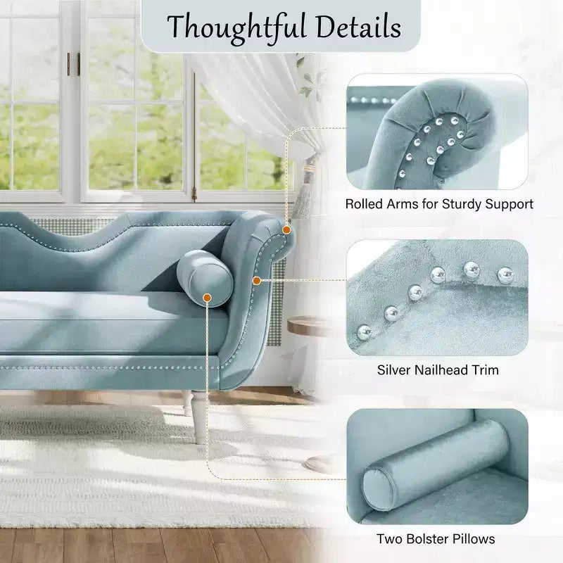 Banc en Velours Whisen 134,6 cm avec Accoudoirs Roulés, Accents de Rivets, Siège Rembourré Minimaliste de Pied de Lit, 2 Coussins, Rembourrage en Mousse Haute Densité