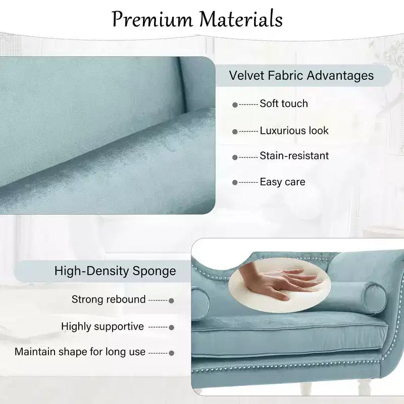 Banc en Velours Whisen 134,6 cm avec Accoudoirs Roulés, Accents de Rivets, Siège Rembourré Minimaliste de Pied de Lit, 2 Coussins, Rembourrage en Mousse Haute Densité