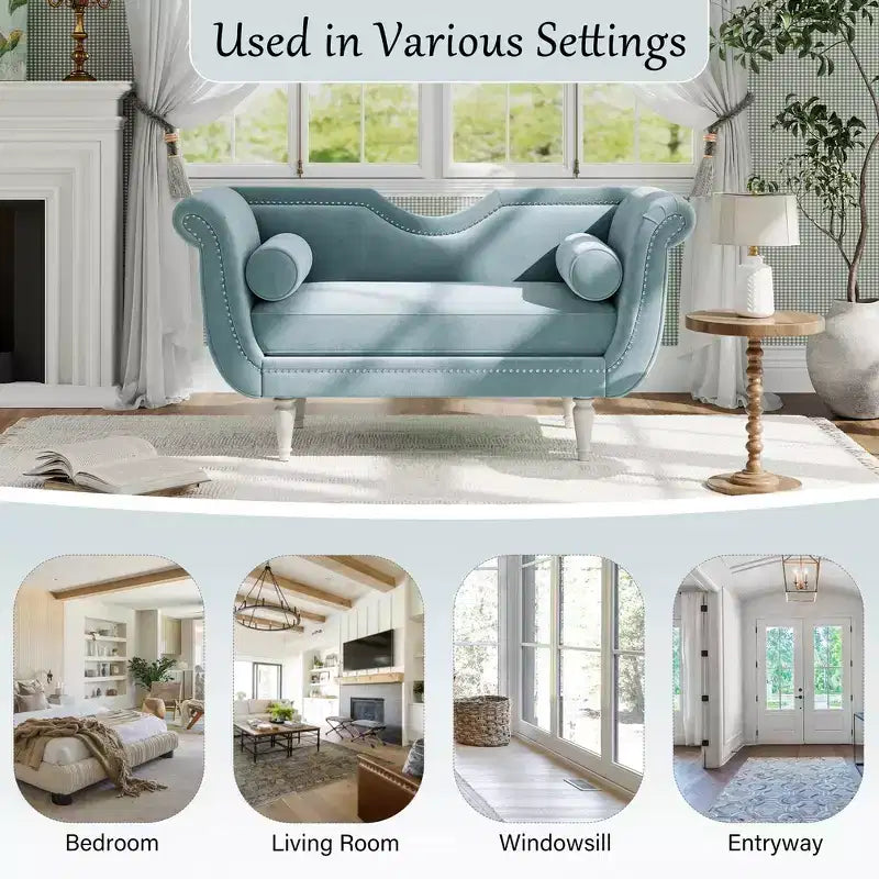 Banc en Velours Whisen 134,6 cm avec Accoudoirs Roulés, Accents de Rivets, Siège Rembourré Minimaliste de Pied de Lit, 2 Coussins, Rembourrage en Mousse Haute Densité