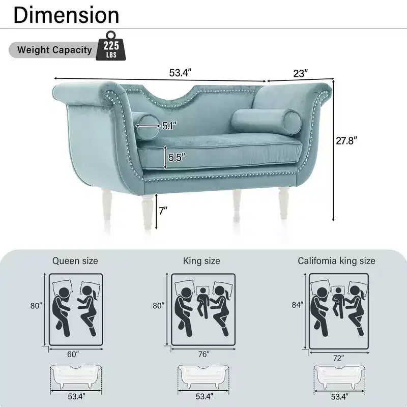 Banc en Velours Whisen 134,6 cm avec Accoudoirs Roulés, Accents de Rivets, Siège Rembourré Minimaliste de Pied de Lit, 2 Coussins, Rembourrage en Mousse Haute Densité