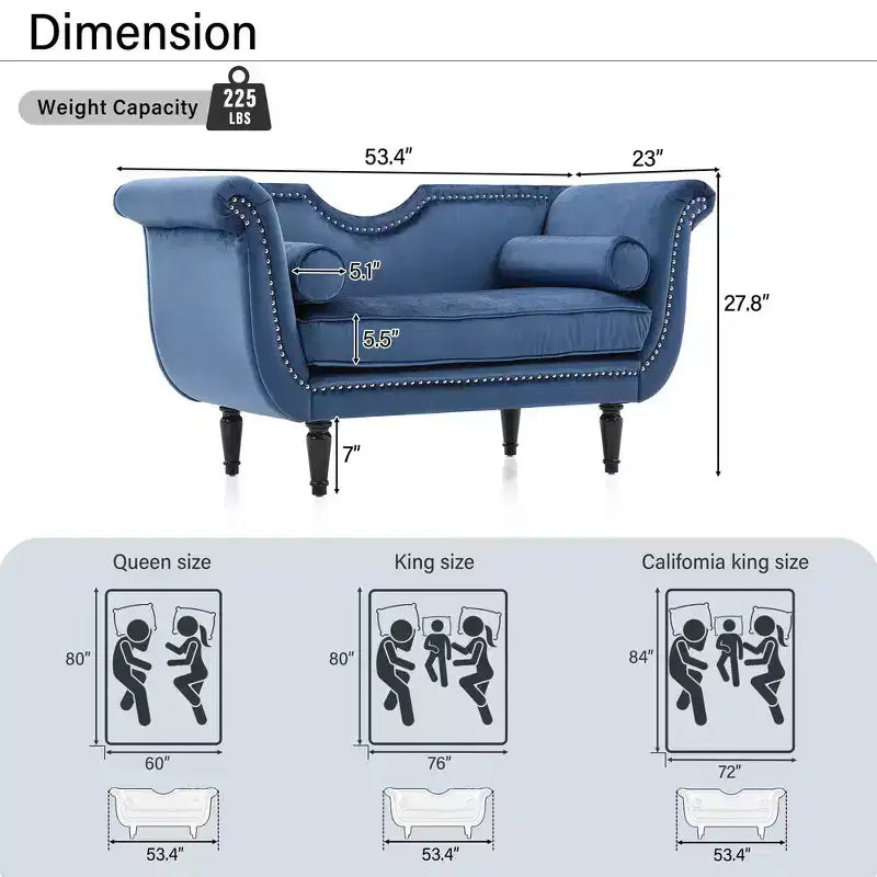 Banc en Velours Whisen 134,6 cm avec Accoudoirs Roulés, Accents de Rivets, Siège Rembourré Minimaliste de Pied de Lit, 2 Coussins, Rembourrage en Mousse Haute Densité