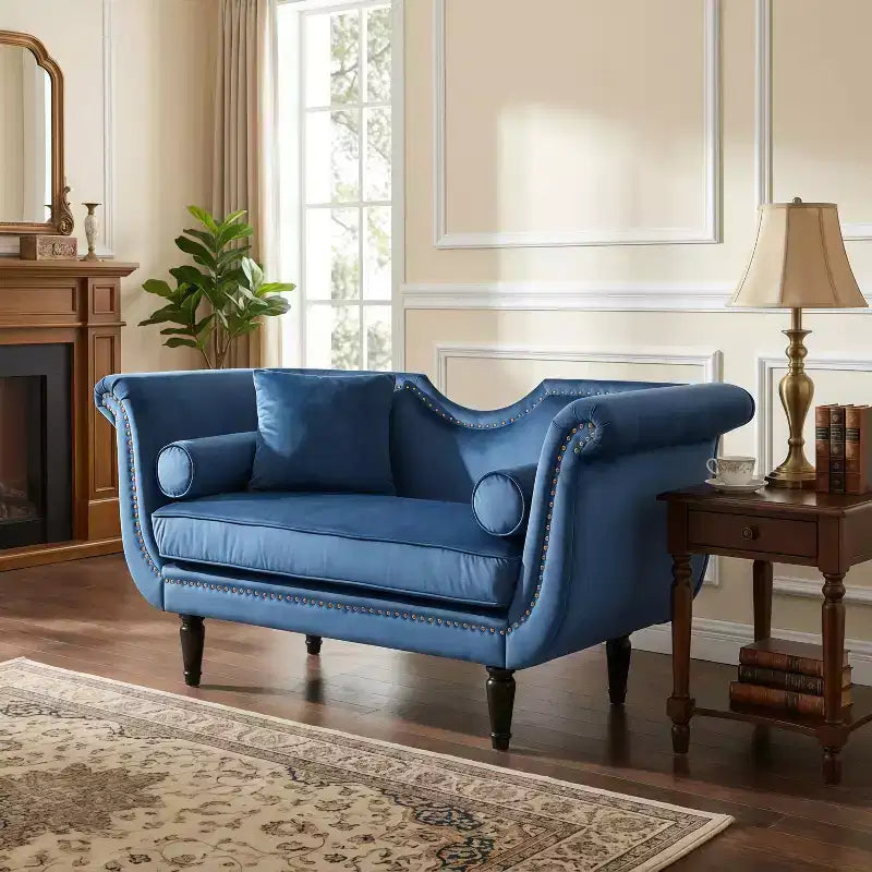 Whisen 53''Velvet Bench with Rolled Arms, Rivet Accents, Minimalist Upholstered Footboard Seat, 2 Pillows, High Density Foam Cushion