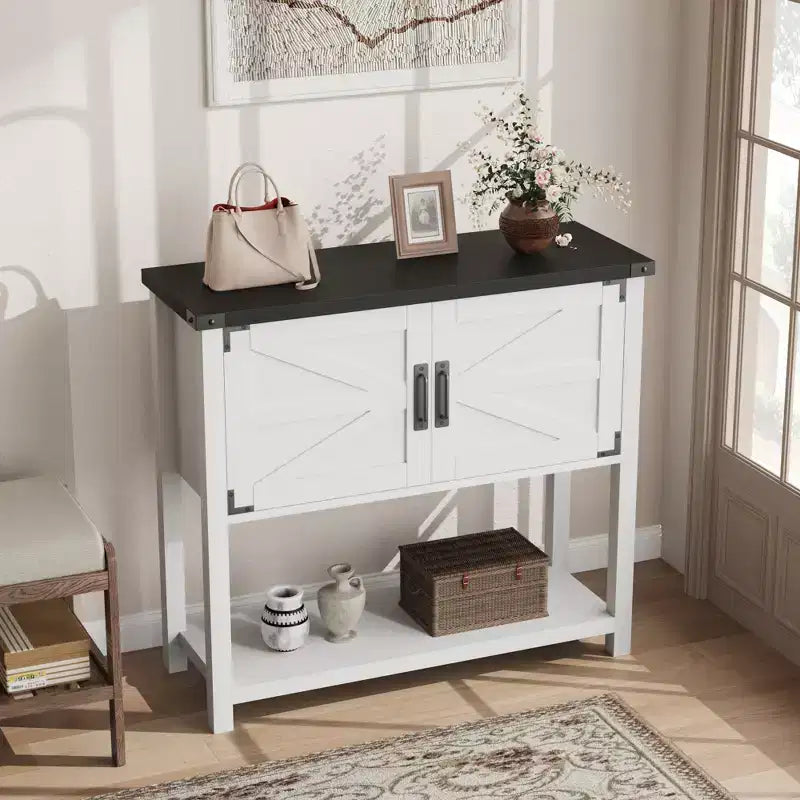 Table console de style rustique avec 2 portes et 2 tiroirs, meuble de rangement en bois pour cuisine, salle à manger, salon, entrée (blanc)