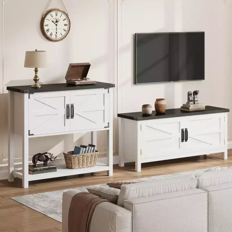Table console de style rustique avec 2 portes et 2 tiroirs, meuble de rangement en bois pour cuisine, salle à manger, salon, entrée (blanc)
