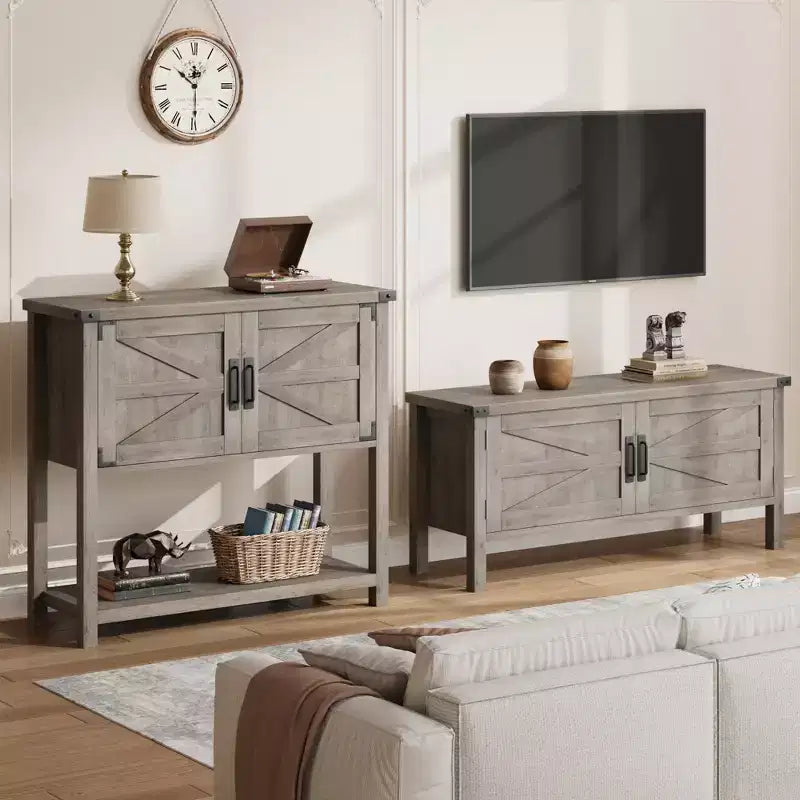 Table console de style rustique avec 2 portes et 2 tiroirs, meuble de rangement en bois pour cuisine, salle à manger, salon, entrée (blanc)