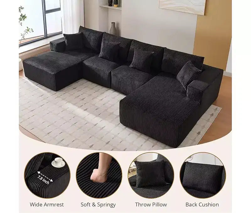 Canapé sectionnel modulaire en forme de U surdimensionné, canapé moderne en velours côtelé avec méridienne, canapé-lit confortable comme un nuage pour salon, noir