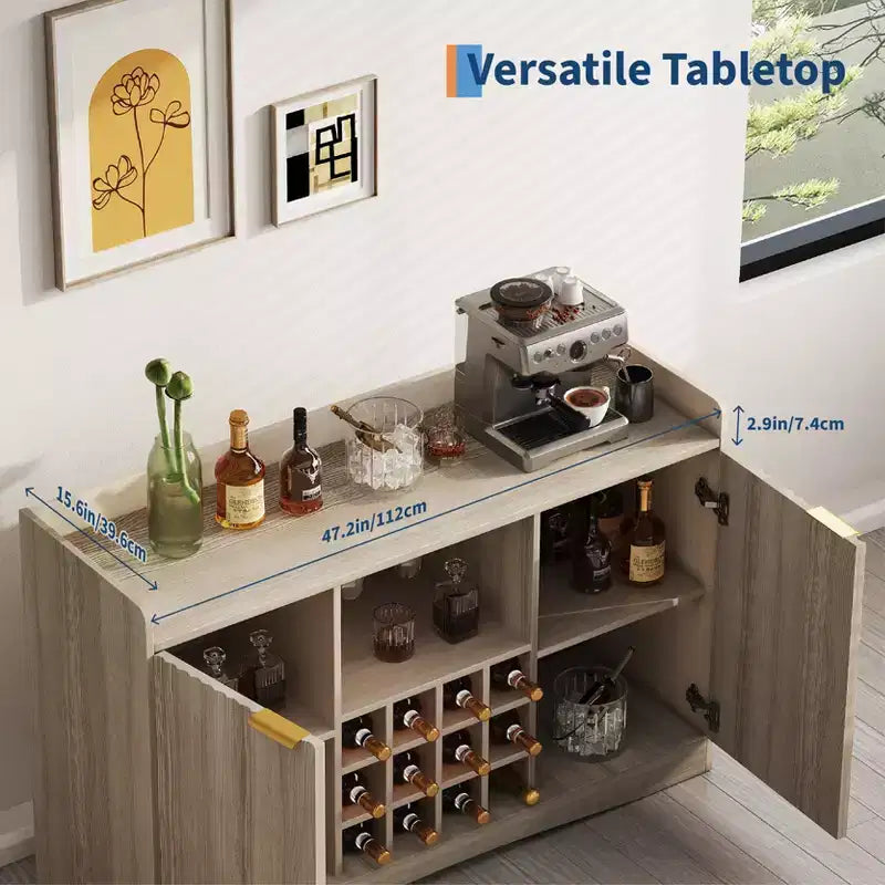 Meuble Bar à Vin Moderne 47W, Meuble Bar à Café Autonome avec 9 Supports à Verres et 12 Casier à Bouteilles, Buffet de Rangement en Bois, Marron
