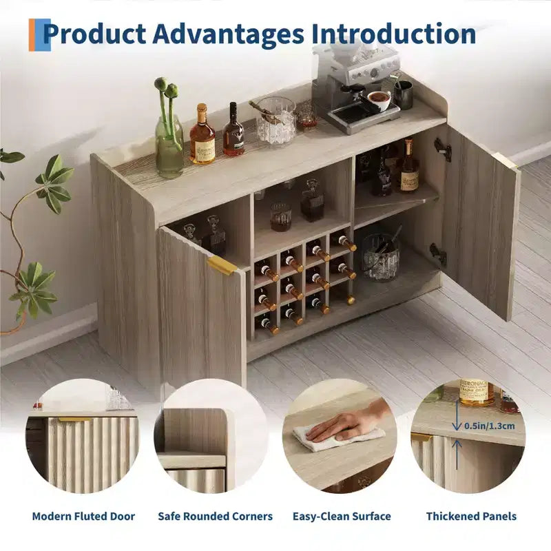 Meuble Bar à Vin Moderne 47W, Meuble Bar à Café Autonome avec 9 Supports à Verres et 12 Casier à Bouteilles, Buffet de Rangement en Bois, Marron