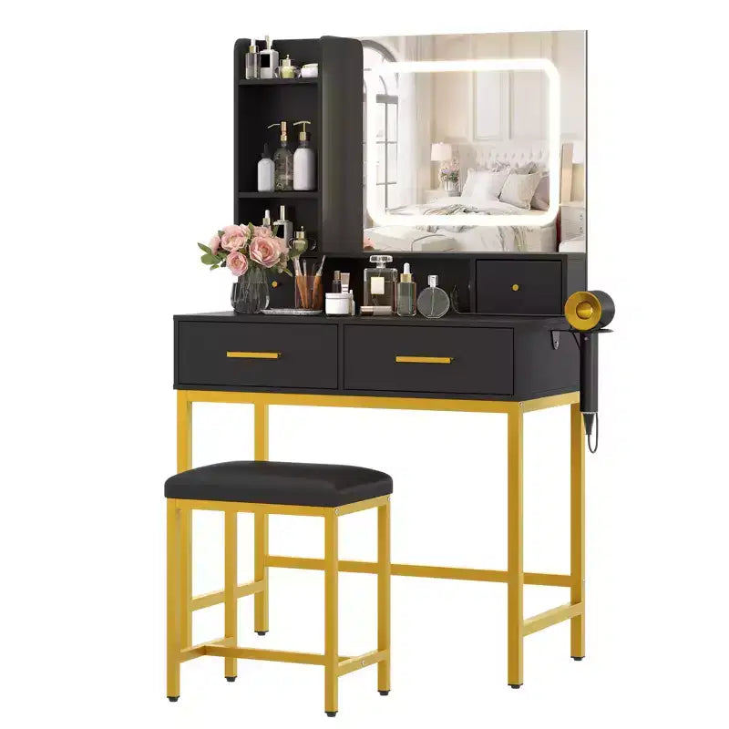 GustoWave Modern Vanity Desk with Mirror, 4 Drawers 2 Shelves Makeup Table for Bedroom Dressing Room, Black
