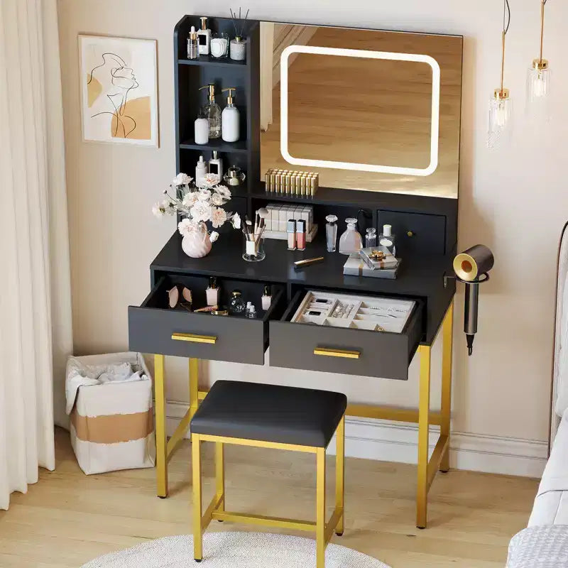 Coiffeuse moderne GustoWave avec miroir, 4 tiroirs, 2 étagères, table de maquillage pour chambre à coucher, dressing, noire