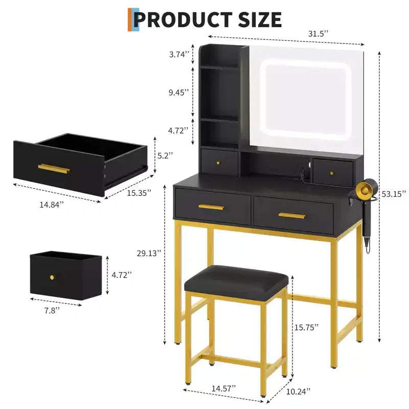 Coiffeuse moderne GustoWave avec miroir, 4 tiroirs, 2 étagères, table de maquillage pour chambre à coucher, dressing, noire