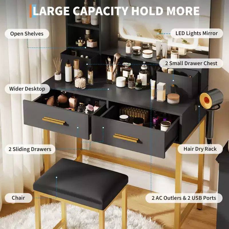 Coiffeuse moderne GustoWave avec miroir, 4 tiroirs, 2 étagères, table de maquillage pour chambre à coucher, dressing, noire