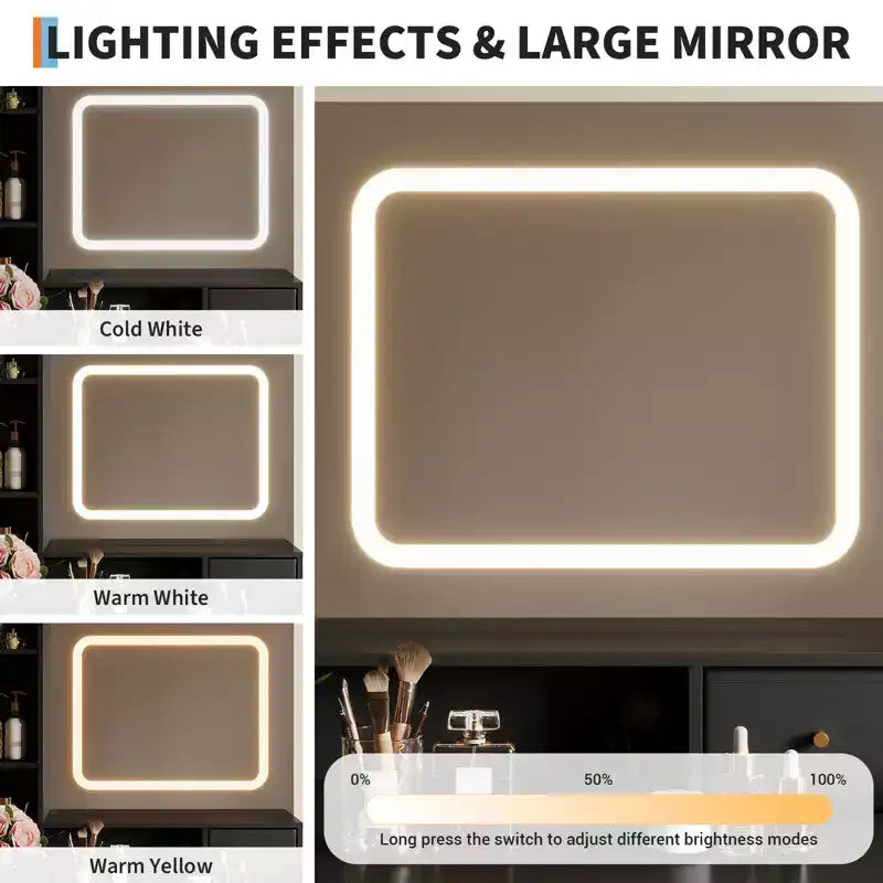 Coiffeuse moderne GustoWave avec miroir, 4 tiroirs, 2 étagères, table de maquillage pour chambre à coucher, dressing, noire