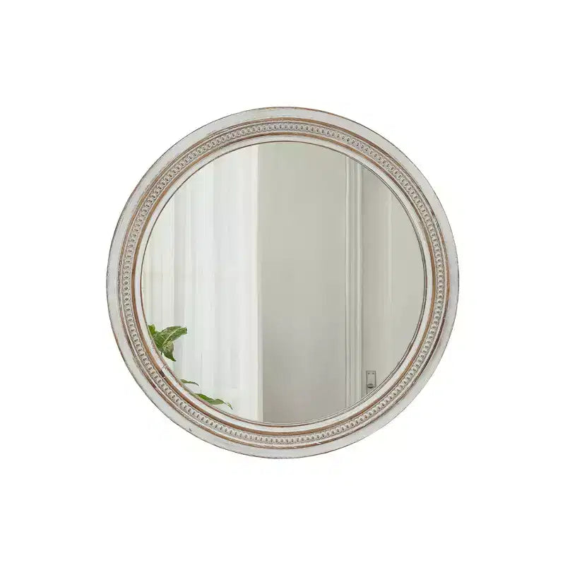 Miroir mural décoratif rond vieilli en bois blanc Whisen avec garniture perlée, miroir de salle de bain de style shabby chic ou campagnard