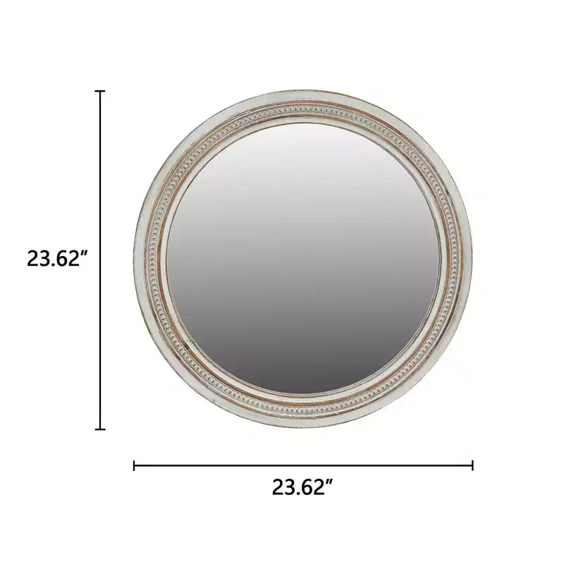 Miroir mural décoratif rond vieilli en bois blanc Whisen avec garniture perlée, miroir de salle de bain de style shabby chic ou campagnard