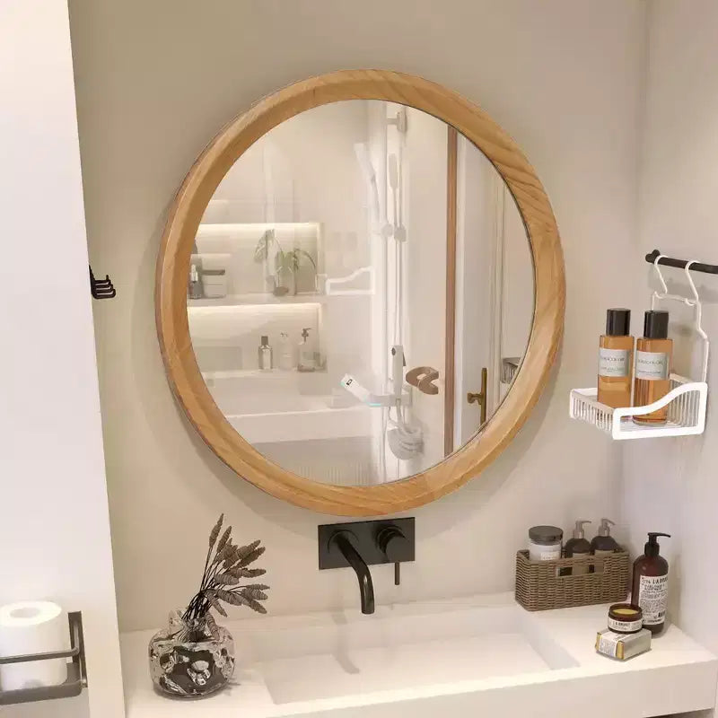 Miroir mural décoratif rond vieilli en bois blanc Whisen avec garniture perlée, miroir de salle de bain de style shabby chic ou campagnard