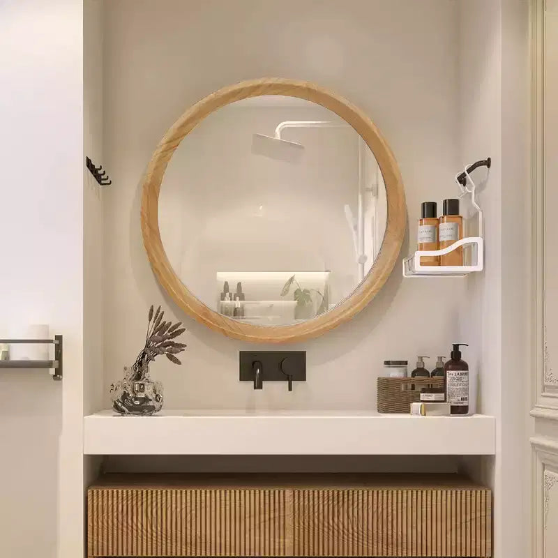 Miroir mural décoratif rond vieilli en bois blanc Whisen avec garniture perlée, miroir de salle de bain de style shabby chic ou campagnard