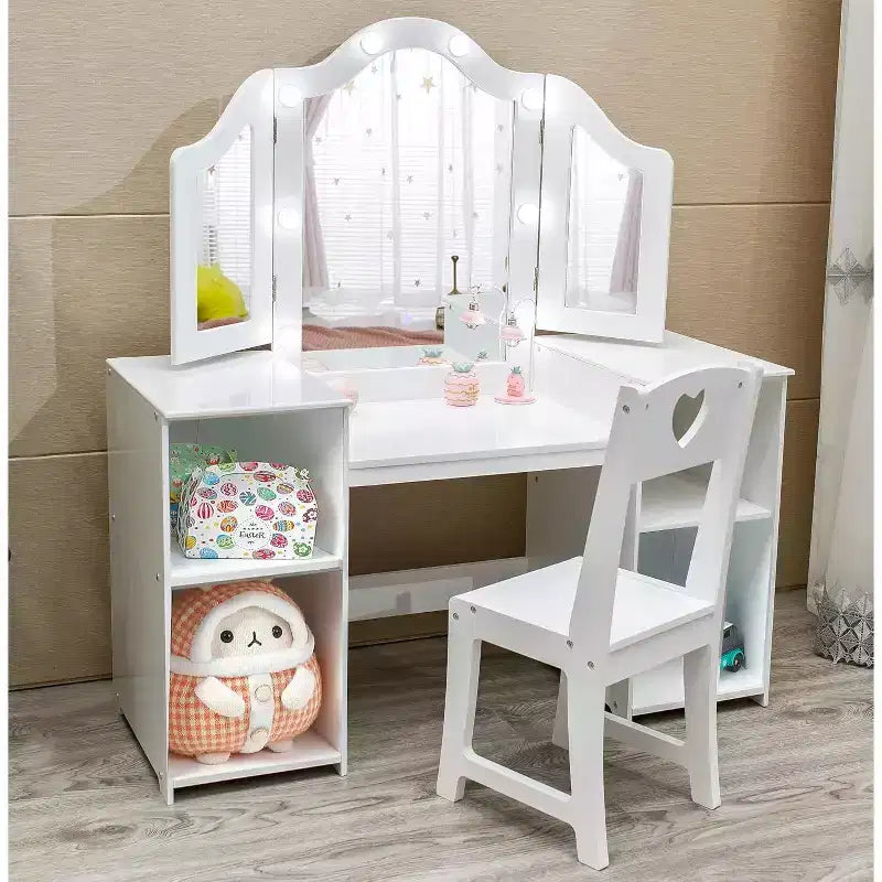 Coiffeuse 2 en 1 pour enfants avec lumières, ensemble bureau et chaise de princesse, étagères de rangement et armoire pour jeu d'imitation