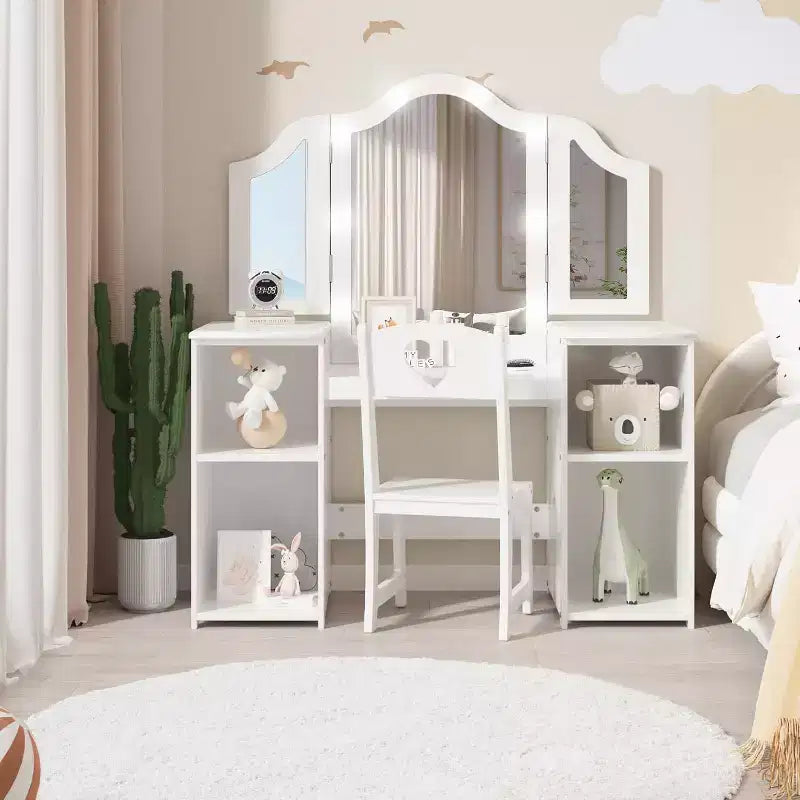 Coiffeuse 2 en 1 pour enfants avec lumières, ensemble bureau et chaise de princesse, étagères de rangement et armoire pour jeu d'imitation