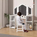 Coiffeuse 2 en 1 pour enfants avec lumières, ensemble bureau et chaise de princesse, étagères de rangement et armoire pour jeu d'imitation