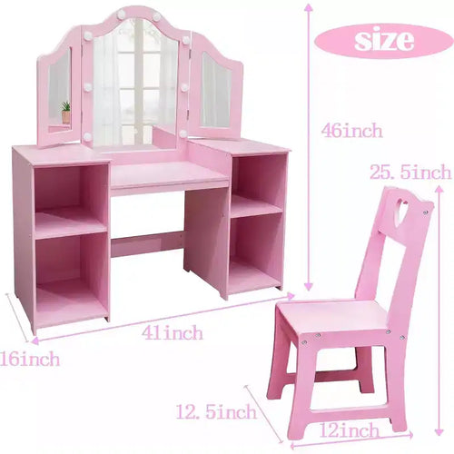 Coiffeuse 2 en 1 pour enfants avec lumières, ensemble bureau et chaise de princesse, étagères de rangement et armoire pour jeu d'imitation